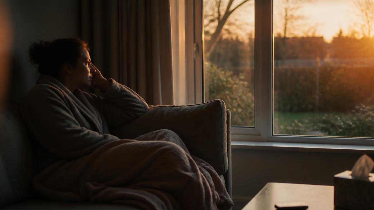 Ein Mensch sitzt erschöpft auf dem Sofa und blickt in den Garten